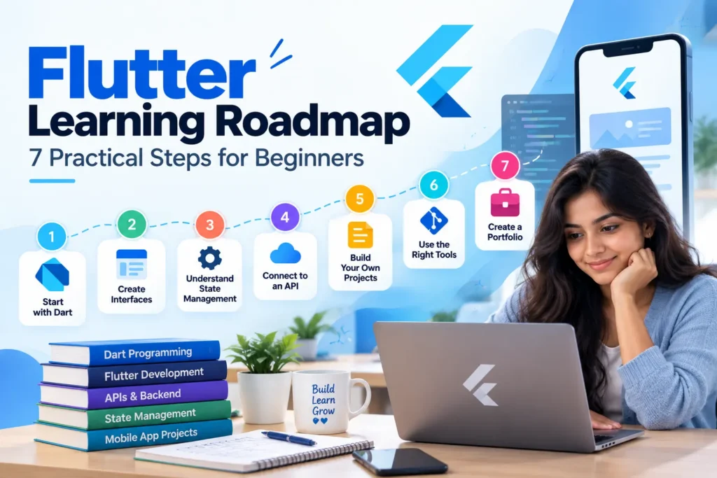 Flutter learning roadmap showing seven steps from Dart programming and widgets to APIs, projects, and developer portfolio.