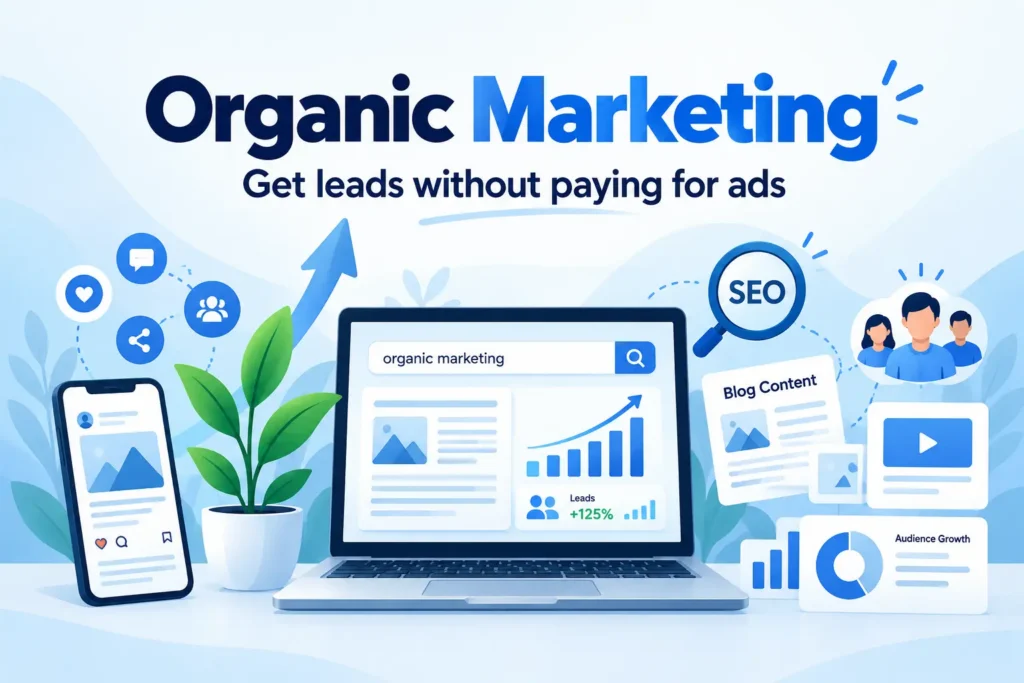 Organic marketing illustration showing SEO, social media, content marketing, and strategies to generate leads without paid ads.