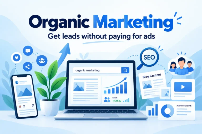 Organic marketing illustration showing SEO, social media, content marketing, and strategies to generate leads without paid ads.