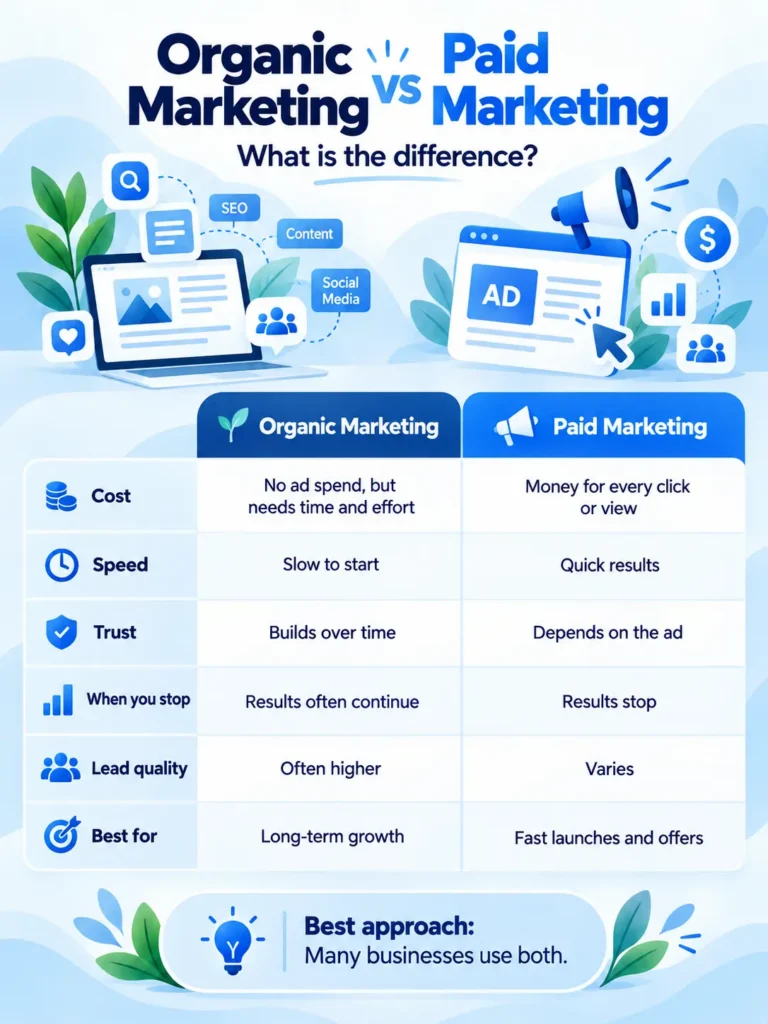 Organic marketing vs paid marketing infographic comparing costs, speed, trust, lead quality, and long-term benefits.