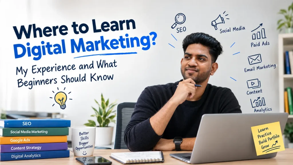 Where to learn digital marketing – SEO specialist Albin V C working on a laptop, surrounded by digital marketing icons representing SEO, social media, paid ads, and analytics.